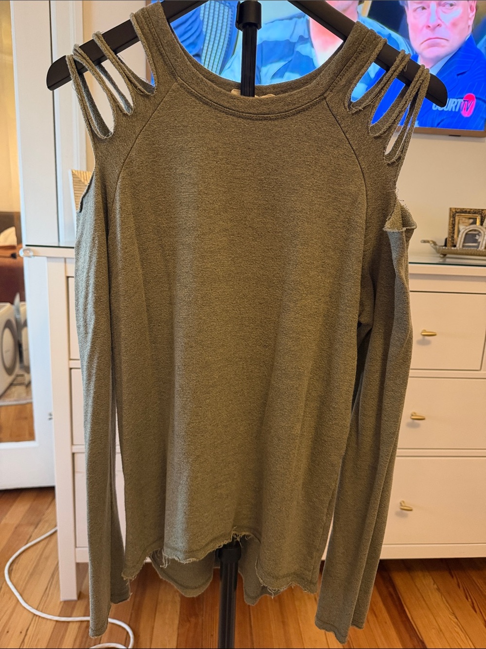 Elan Olive Green Ladder Strap Cold-Shoulder Sweatshirt